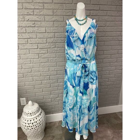 Joanna Hope Blue Spaghetti Strap Waist Tie Maxi Dress Size 18 NWT - Picture 1 of 6